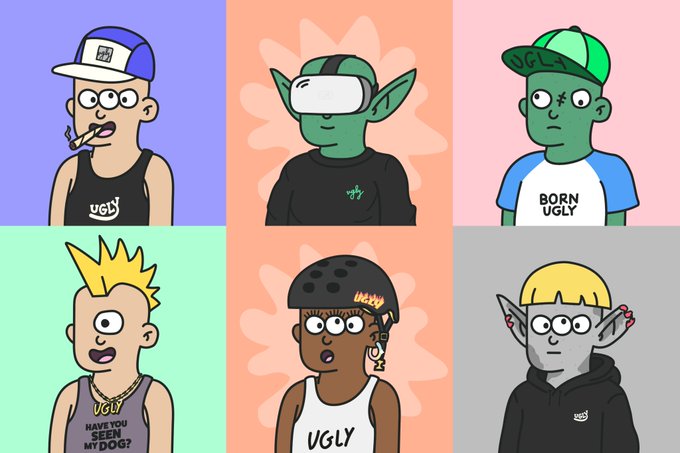 An illustration displays six cartoon characters from the UGLY brand in a grid, featuring various designs including figures with a VR headset, cap, crown, and pointed ears wearing shirts that read "UGLY" and "BORN UGLY".