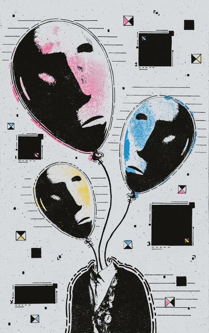 A stylized illustration of three balloons with sad faces in pink, blue, and yellow tones, alongside a figure in a suit, set against a background of geometric shapes.