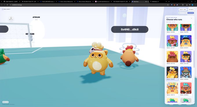 A screenshot of the Atrium metaverse platform showing a 3D virtual environment with cute animal characters and a 'Choose who runs' panel on the right displaying NFT avatars with IDs like #2442 and #2535.
