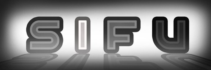 Stylized 3D text reading 'SIFU' in gray block letters on a reflective gradient background.
