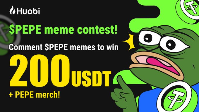 A Huobi promotional banner for a "$PEPE meme contest!" offering 200 USDT and PEPE merchandise as prizes, featuring a cartoon Pepe the Frog character pointing at the rewards. The image relates to the post by highlighting one of the earliest $PEPE giveaways on a major centralized exchange, marking a key moment in the meme coin's rise and cultural impact.
