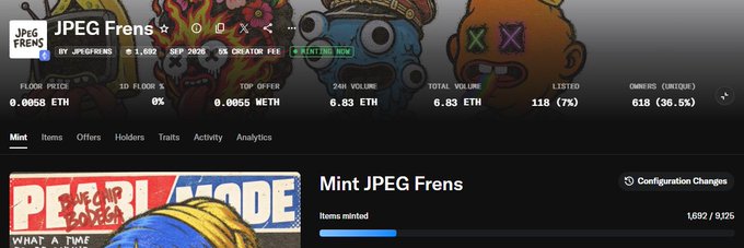 A screenshot of a NFT minting page for 'JPEG Frens' showing floor price 0.0055 ETH, top offer 0.0055 WETH, volume 6.83 ETH, and a PEARL MODE image.