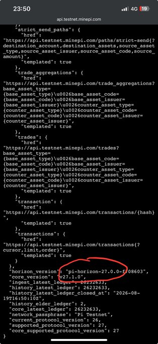 A screenshot of the Pi Testnet API response showing endpoint configurations with a red circle highlighting "pi-horizon-27.0.0-f.08603" and "v27.1.0", illustrating how the horizon_version field now uses the "pi-horizon" naming convention instead of referencing Stellar, as noted in the accompanying observation about Pi Network's independence from Stellar in version 27.