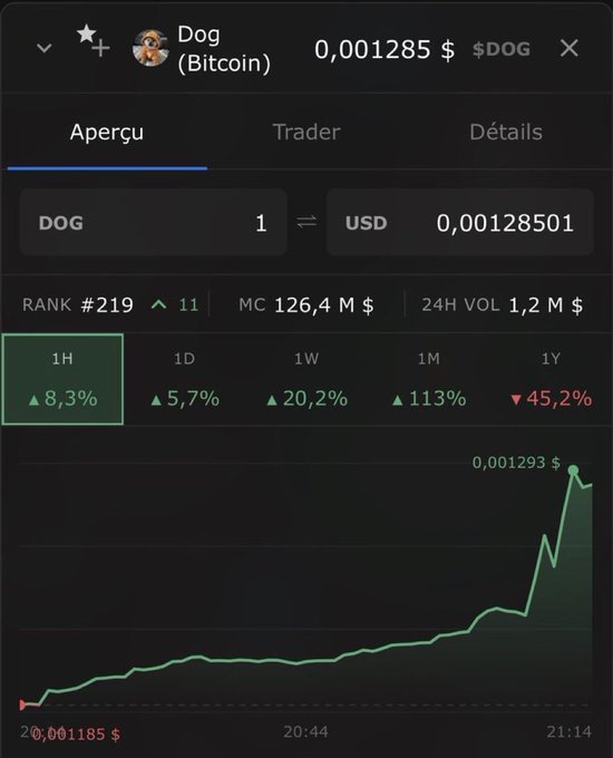 Trading interface for 'Dog (Bitcoincoin)' ($DOG) showing a current price of 0.00128501 USD, ranked #219 with a 1-hour gain of 8.3% displayed on a green chart.