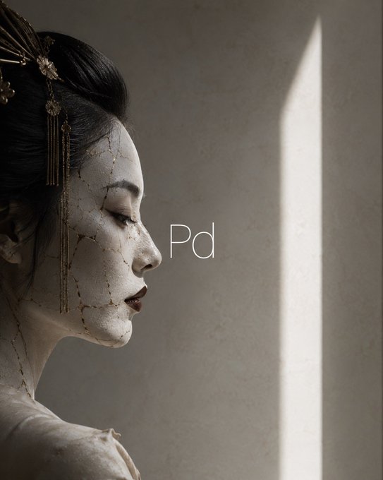 A profile of an East Asian woman with traditional hair ornaments and cracked, porcelain-like makeup, with the letters 'Pd' overlaid on a neutral background.