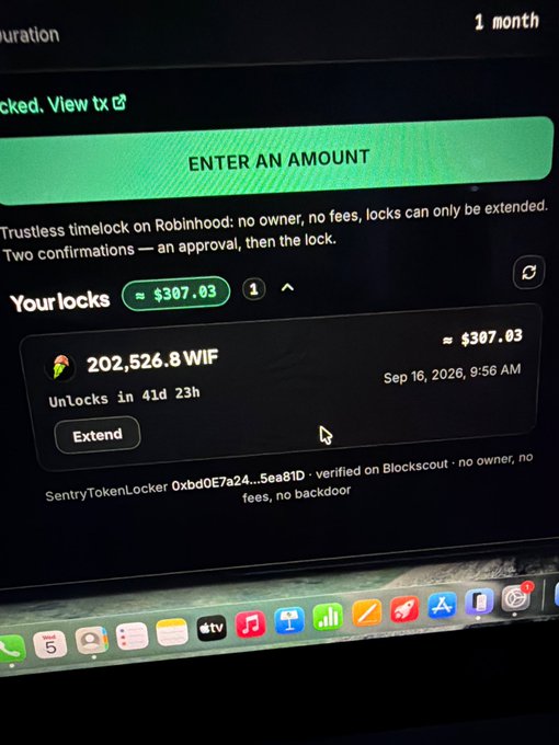 The image shows a Robinhood crypto interface displaying a lock of 202,526.8 WIF ($307.03) under a trustless timelock, confirming the post's announcement of locking 200k RobinWifHat tokens to secure a spot for an upcoming mint.