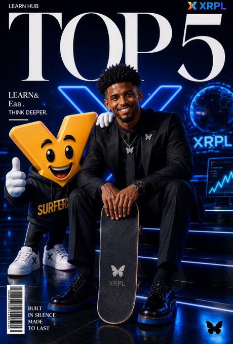 Magazine cover titled 'TOP 5' for XRPL Learn Hub, featuring a man in a black suit with butterfly jewelry sitting on a skateboard next to a cartoon mascot wearing a party hat and 'SURFER' shirt.