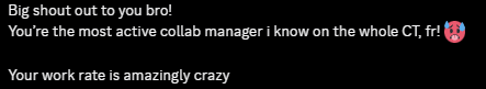 Text reading: 'Big shout out to you bro! You're the most active collab manager i know on the whole CT, fr! [exploding head emoji]. Your work rate is amazingly crazy'.