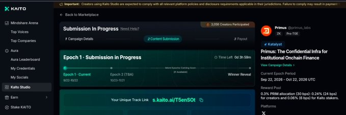 Screenshot of the Kaito campaign dashboard for Primus Labs, showing “Epoch 1 - Submission in Progress” with “Time Left: 0d 3h 59m” and Epoch 2 (TBA). The right panel identifies the “Primus: The Confidential Infra for Institutional Onchain Finance” campaign and displays a 0.3% PRM allocation (30 bps): 0.24% for creators and 0.06% (6 bps) for Kaito stakers.