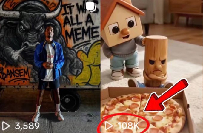 A side-by-side TikTok comparison shows a video by "SANSEM" with 3,589 views next to "CHILL HOUSE" footage featuring animated characters and a pepperoni pizza with 108K views, illustrating the post's point that Chill House's content has massively outperformed the other creator's despite relatively modest view counts.