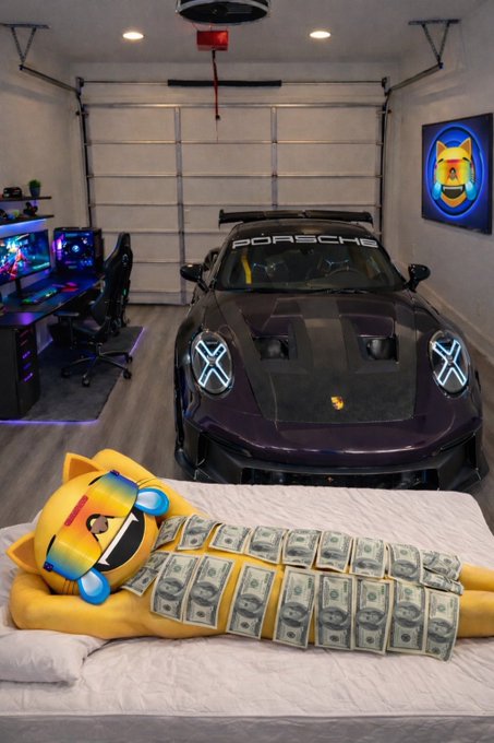 A luxury garage with a purple Porsche parked inside next to a gaming setup, with a crying yellow cat emoji wrapped in dollar bills lying on a bed in the foreground.