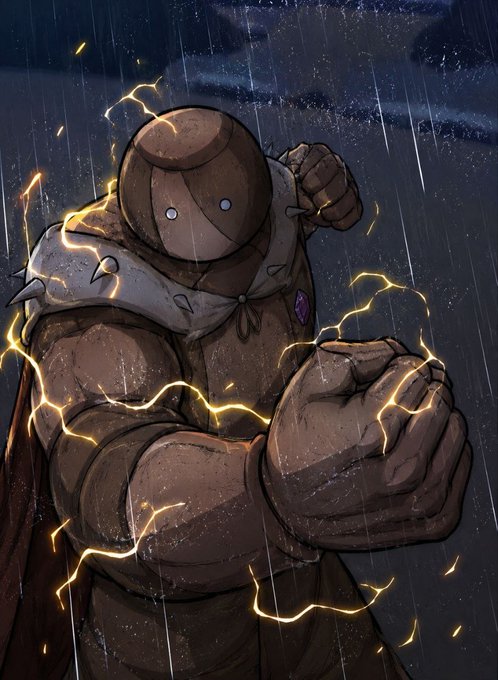 A comic-book style illustration of a hulking, brown-clad figure with a masked face and spiked armor, glowing with yellow electricity as it raises a fist in the rain.