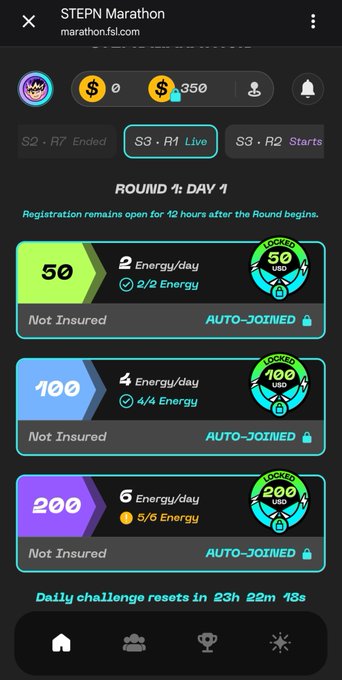 A screenshot of the STEPN Marathon app interface on "Round 1: Day 1," showing energy/day options of 50, 100, and 200 with locked USD rewards of $50, $100, and $200, all auto-joined and not insured.