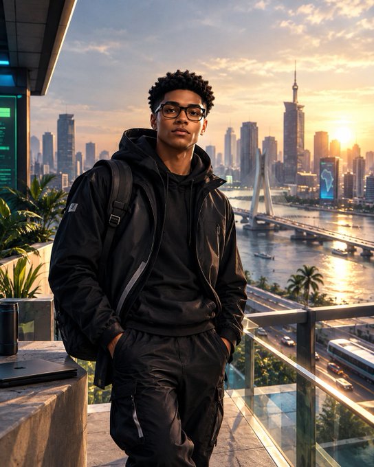 A young man with glasses wearing a black hooded jacket and backpack stands on a high-rise balcony overlooking a city skyline and a large suspension bridge at sunset.