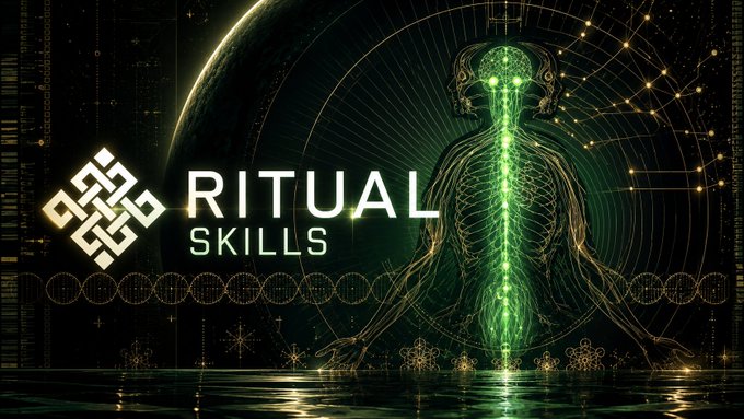 The image displays a promotional graphic featuring the text "RITUAL SKILLS" alongside a glowing green human skeletal figure with an illuminated spine, set against a dark background with cosmic and circuit-like elements. The mystical, futuristic design aligns with the post's theme of building reliable AI agents onchain, promoting Ritual's upcoming skills session on October 15 at 3:30 PM CT.