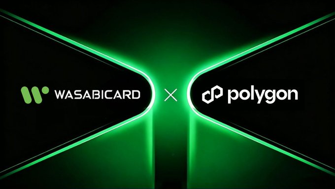 Promotional graphic for a partnership between WASABICARD and Polygon, featuring both logos separated by an 'X' on a green neon-lit geometric background.