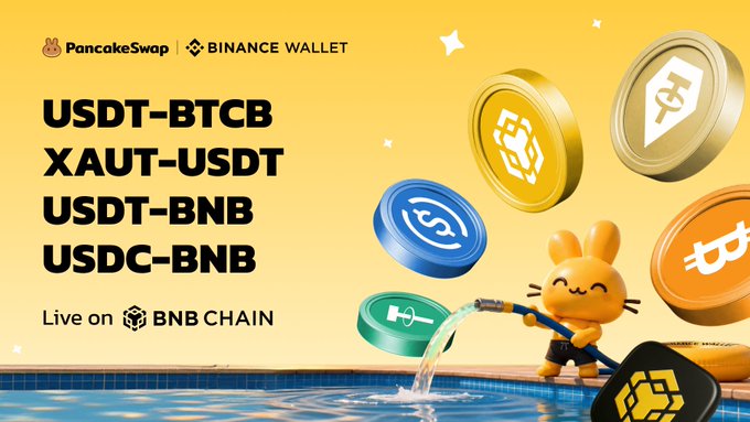 A promotional graphic for PancakeSwap and Binance Wallet announcing four new liquidity pools—USDT-BTCB, XAUT-USDT, USDT-BNB, and USDC-BNB—now live on BNB Chain, featuring an animated bunny mascot spraying water by a pool alongside floating cryptocurrency coins, tying into a campaign offering $200,000 in CAKE rewards for liquidity providers.