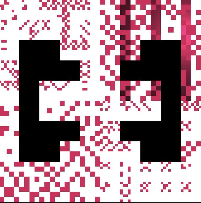 A pixelated image featuring two black shapes resembling the number '1' or pillars against a background of white and magenta square patterns.