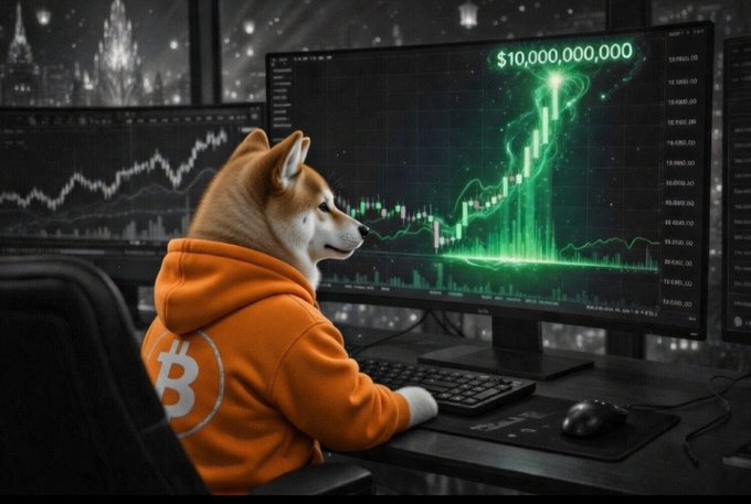A Shiba Inu in a Bitcoin hoodie watches a sharply rising green crypto chart as the value tops $10,000,000,000. The image fuels the post’s “$DOG to $1” mission, suggesting one dramatic market move could launch the token toward that target.