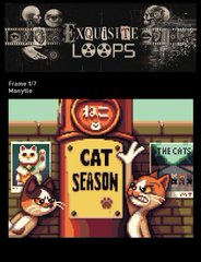 A graphic for 'CAT SEASON' featuring pixel art cats in front of a brick wall, part of an 'Exquisite Loops' frame collection marked as 'Manytile'.