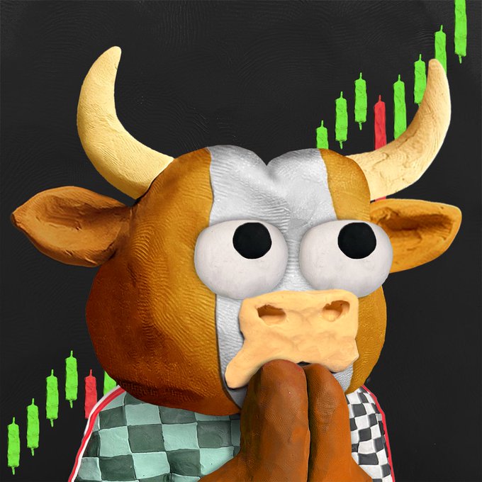 A 3D-rendered clay-style cartoon bull with large bulging eyes and prominent horns stands against a black background, wearing a checkered shirt with its hands clasped together, while green and red candlestick trading chart elements frame the image on both sides, symbolizing bullish market sentiment in a playful artistic style that complements the post's message of supporting ordinal and multi-chain crypto builders.