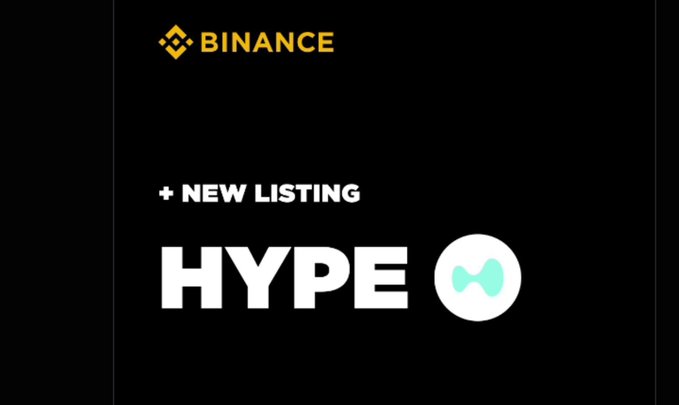 A black promotional graphic for Binance announcing "+ NEW LISTING" of "HYPE" with a teal and white bowtie-like logo.