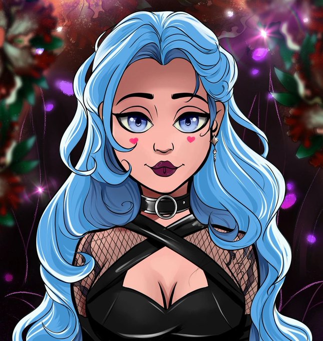 A stylized digital portrait of a woman with long pale-blue hair, purple eyes, heart-shaped cheek marks, a black choker, fishnet sleeves, and a black outfit against a dark, sparkling floral background.
