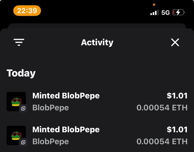 The image shows an "Activity" screen displaying today's transactions, specifically two "Minted BlobPepe" entries from BlobPepe, each costing $1.01 or 0.00054 ETH. This directly supports the post by confirming recent minting activity from @BlobPepeRH.