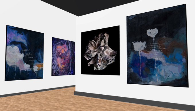 A digital rendering of an art gallery with four paintings on the walls; visible text on the rightmost painting reads "memories come and go... I listen but nothing is remembered...", with artwork featuring floral imagery and abstract portraits.