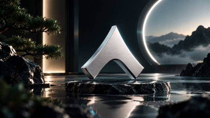 A sleek, metallic geometric logo or sculpture resembling a stylized 'A' or arrowhead sits on a stone platform surrounded by water, with a bonsai tree to the left and a large glowing ring against a mountainous backdrop.