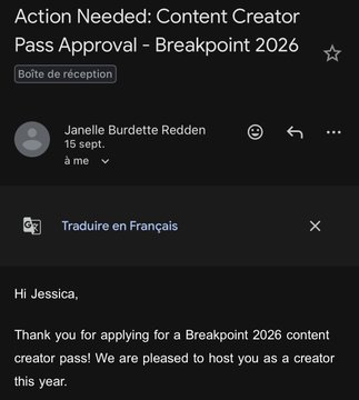 A screenshot of an email notification titled "Action Needed: Content Creator Pass Approval – Breakpoint 2026," from Janelle Burdette Redden, confirming the recipient's acceptance as a creator for Solana Breakpoint 2026. The image directly supports the post's excitement about being approved for the @solana creator pass.