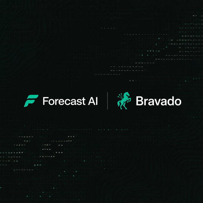The image displays a partnership graphic featuring the Forecast AI logo alongside the Bravado logo (a rearing horse icon), set against a dark background with subtle green circuit-pattern and data visualization elements. It visually represents the collaboration between the two platforms that the post describes, where Forecast AI's 7-agent AI analysis system provides predictive insights on prediction markets like Polymarket and Kalshi.