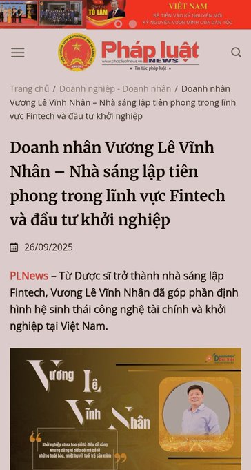 A Vietnamese news article from Pháp luật News dated 26/09/2025, headlined 'Doanh nhân Vương Lê Vĩnh Nhân – Nhà sáng lập tiên phong trong lĩnh vực Fintech và đầu tư khởi nghiệp' about a Fintech entrepreneur.