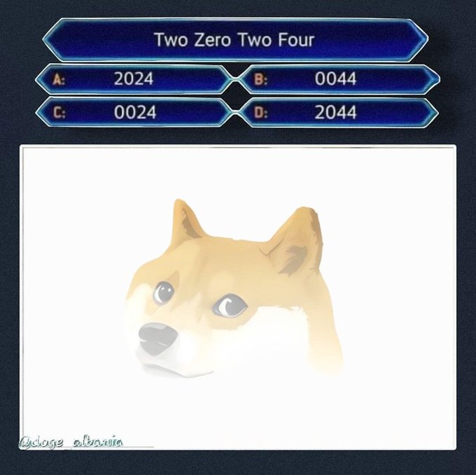 A multiple-choice question reading 'Two Zero Two Four' with options A: 2024, B: 0044, C: 0024, D: 2044, positioned above a minimalist digital painting of a Shiba Inu dog's head.