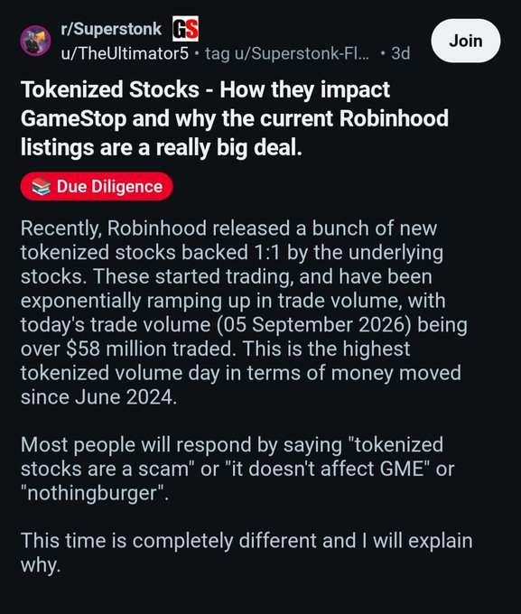 A Reddit post from r/Superstonk titled 'Tokenized Stocks - How they impact GameStop and why the current Robinhood listings are a really big deal.'