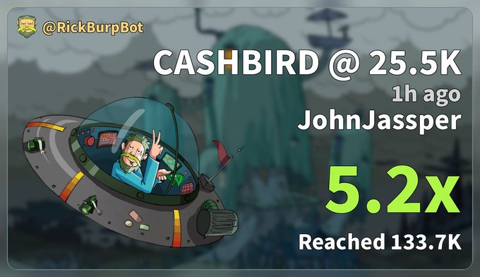 A YouTube thumbnail featuring a cartoon character in a spaceship with text reading 'CASHBIRD @ 25.5K', '1h ago JohnJasser', '5.2X', and 'Reached 133.7K'.
