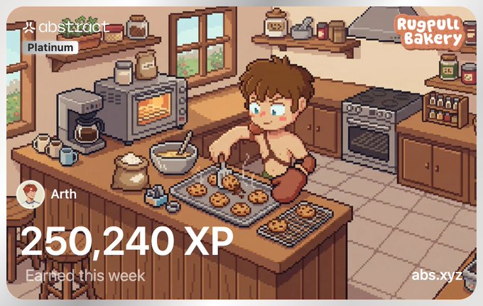 The image shows an advertisement for a cartoon game that features a character cooking cookies at home. The ad is accompanied by text providing information about the game's creator, a character named Arth who is depicted standing in front of a kitchen oven filled with cookies on the counter. 

The gameplay details are provided through several descriptions: "250,240 XP", indicating that the player has already used 250,240 XP, and the "Abstract Week" text implies that the game was played during this week. Additionally, there is information about an upcoming game called "Abstract Week 70", suggesting a new game session with the same name. 

The primary focus of the ad is to promote the cartoon game, which likely involves players learning how to cook and baking activities in a fun, interactive gaming experience.