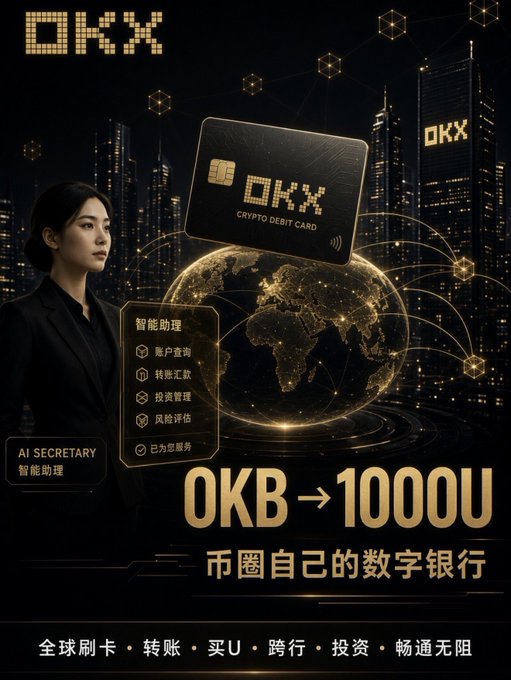 An advertisement for OKX featuring "OKB→1000U" and showing a Crypto Debit Card with a woman in a black suit, promoting a "数字银行" (digital bank).