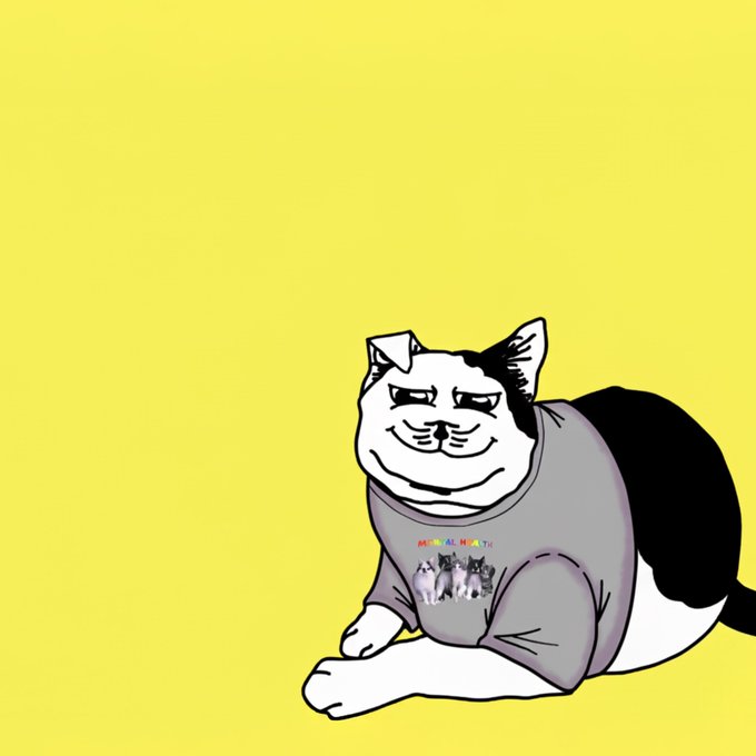A smug-looking cartoon cat wearing a gray shirt with three kitten faces and the text "MEOW MONTH" sits against a bright yellow background, perfectly capturing the cheerful, playful spirit of the "Gm it's a good day for a good day" post.