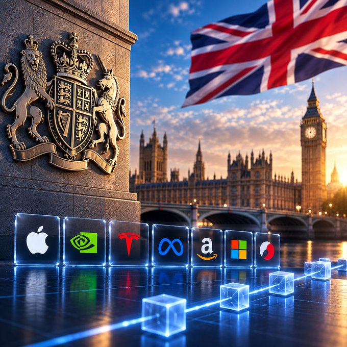 A digital illustration showcases the British coat of arms and Union Jack flag alongside iconic London landmarks like Big Ben, while glowing icons of major tech companies including Apple, NVIDIA, Tesla, Meta, Amazon, Microsoft, and Coinbase are connected by a luminous blockchain line, visually representing the London Stock Exchange's partnership with Kraken's parent company Payward to bring UK-listed stocks onto blockchain infrastructure.