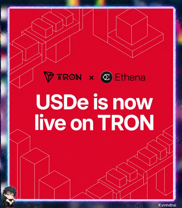 Promotional graphic with red background announcing 'USDe is now live on TRON' featuring the TRON and Ethena logos.
