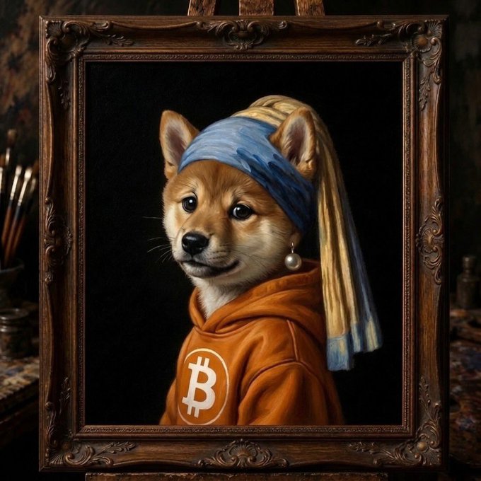 An ornate Renaissance-style framed painting portrays a Shiba Inu dog wearing the iconic blue and yellow turban and pearl earring from Vermeer's 'Girl with a Pearl Earring,' but dressed in an orange hoodie featuring the Bitcoin '₿' logo.