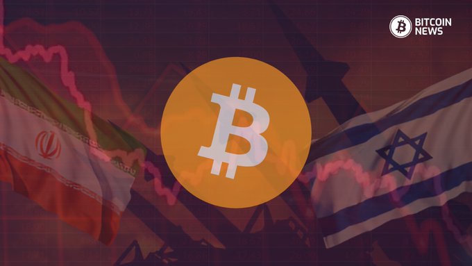 The image features the Bitcoin logo set against a backdrop displaying the Iranian and Israeli flags, overlaid with a downward-trending price chart and an oil rig, visually reinforcing Bitcoin's drop to $81K amid reports of potential U.S. military strikes on Iran and surging oil prices.