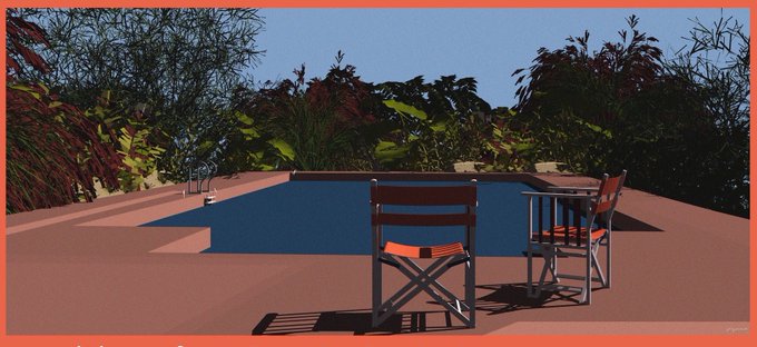 A 3D render of a backyard with a rectangular pool, patio furniture, and tropical foliage surrounding it.