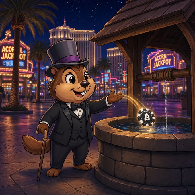 A cartoon illustration of a beaver in a black tuxedo and top hat with a cane, gesturing toward a well containing a glowing Bitcoin coin in a Las Vegas-themed scene with "ACORN JACKPOT" signs.