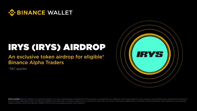 Binance Wallet promotional graphic announcing an exclusive IRYS token airdrop for eligible Binance Alpha Traders, featuring the Binance Wallet logo alongside the IRYS token branding with the headline "IRYS (IRYS) AIRDROP." The image supports the post's announcement about the second wave of airdrop rewards requiring 245 Binance Alpha Points to claim 2,900 IRYS tokens on a first-come, first-served basis.