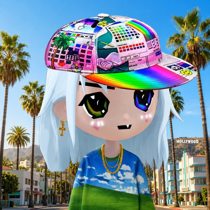 An anime-style character with white hair and a rainbow flat-brim hat featuring a Windows-style pixel design stands against a sunny Los Angeles backdrop with palm trees and a "HOLLYWOOD" sign, paired with a cheerful "gm gm gm" morning greeting that embraces the Friday vibes with the character's bright, welcoming expression and gold chain accessories.