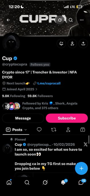 A Twitter/X profile for Cup (@cryptocupra), a crypto account since 2017 described as 'Trencher & Investor | NFA DYOR', with 59.8K followers and a pinned post excitedly announcing an upcoming launch.