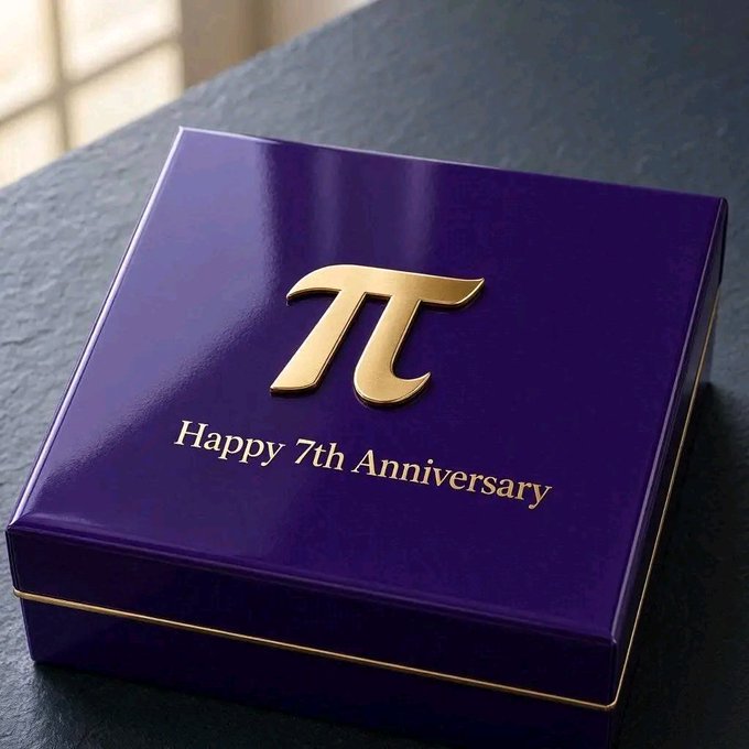 A purple anniversary gift box features a gold pi symbol and the text “Happy 7th Anniversary,” celebrating PiCoin’s 7th anniversary.
