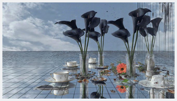 A surreal digital composition of an elegant table setting with teacups, an orange gerbera daisy, and tall black calla lilies arranged on a reflective tiled surface under a cloudy sky.